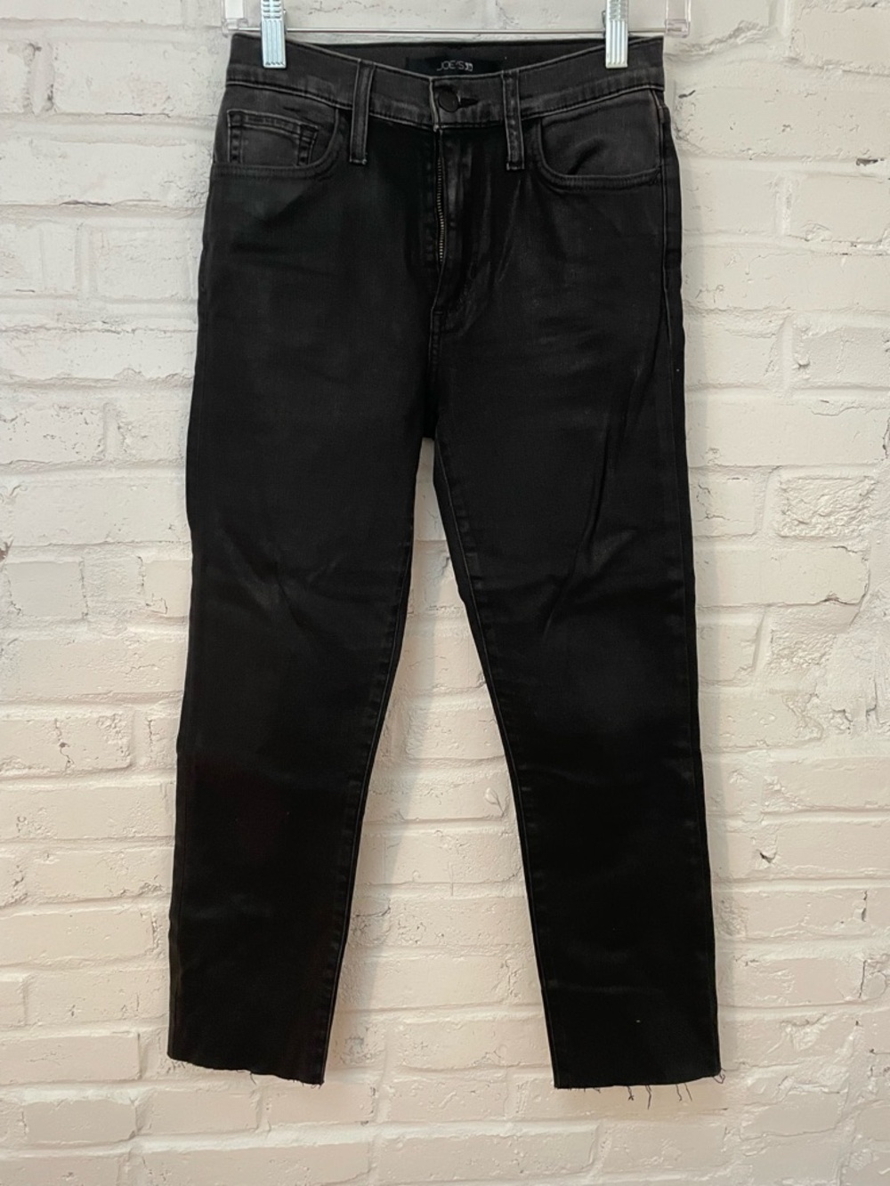 Joe’s Raw Hem Black Straight-Leg Jeans Leather Finish on Legs Size 24